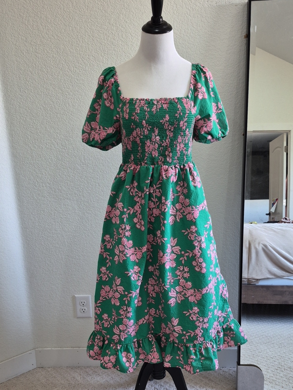 J. Crew Factory Green & Pink Floral Smocked Midi Dress